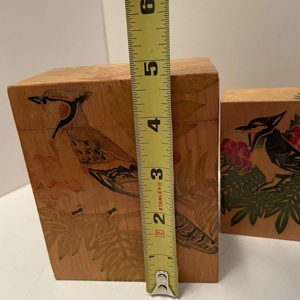 Vintage Chinese Wooden Nesting Boxes Set Of 3 Artist Sealed Bird & Floral Motif